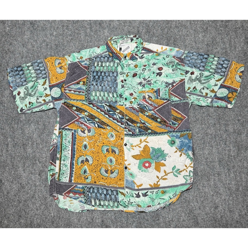 Vintage 90s GOOUCH Rayon Shirt Abstract Print Boho Retro Button Up Size Large